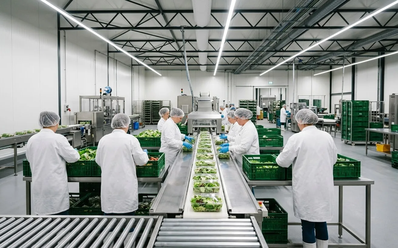 Inpaklijn met verse producten in een voedingsproductiehal