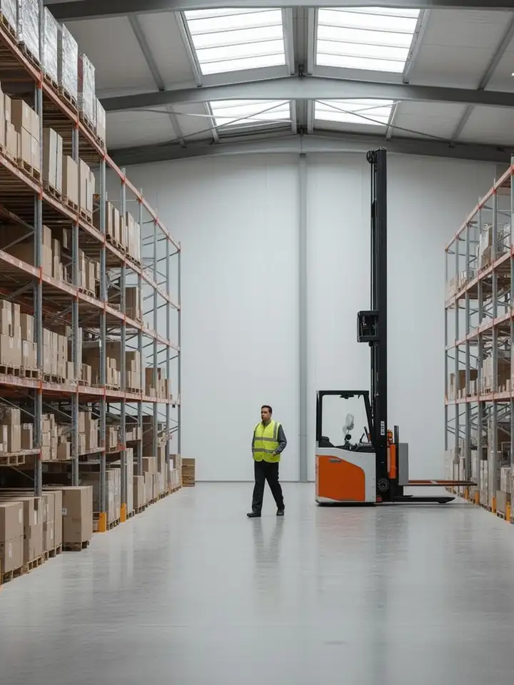 Magazijn met stellingen en orderpicker in een logistieke werkomgeving